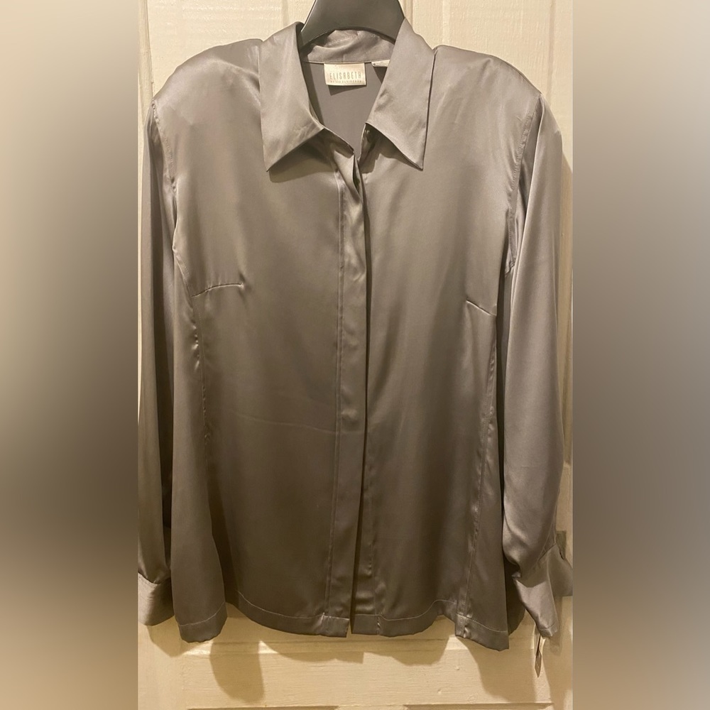 NWT Elisabeth Liz Claiborne 100% Silk Gray Blouse Size 16